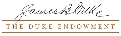 The Duke Endowment Logo, signature of James B. Duke about yellow text.